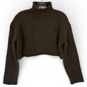 Zara Pullover Knit Sweater Long Sleeve High Neck Jumper Size Medium Green/Brown